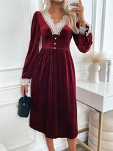 Perfee Lace Detail V-Neck Long Sleeve Midi Dress Burgundy OutfitFlow